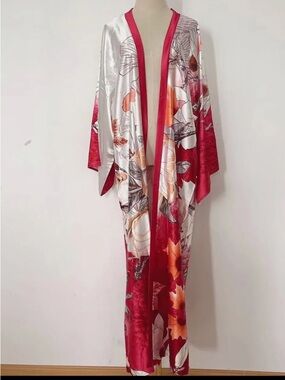 1131.  Long Floral Satin Kimono with Red Trim